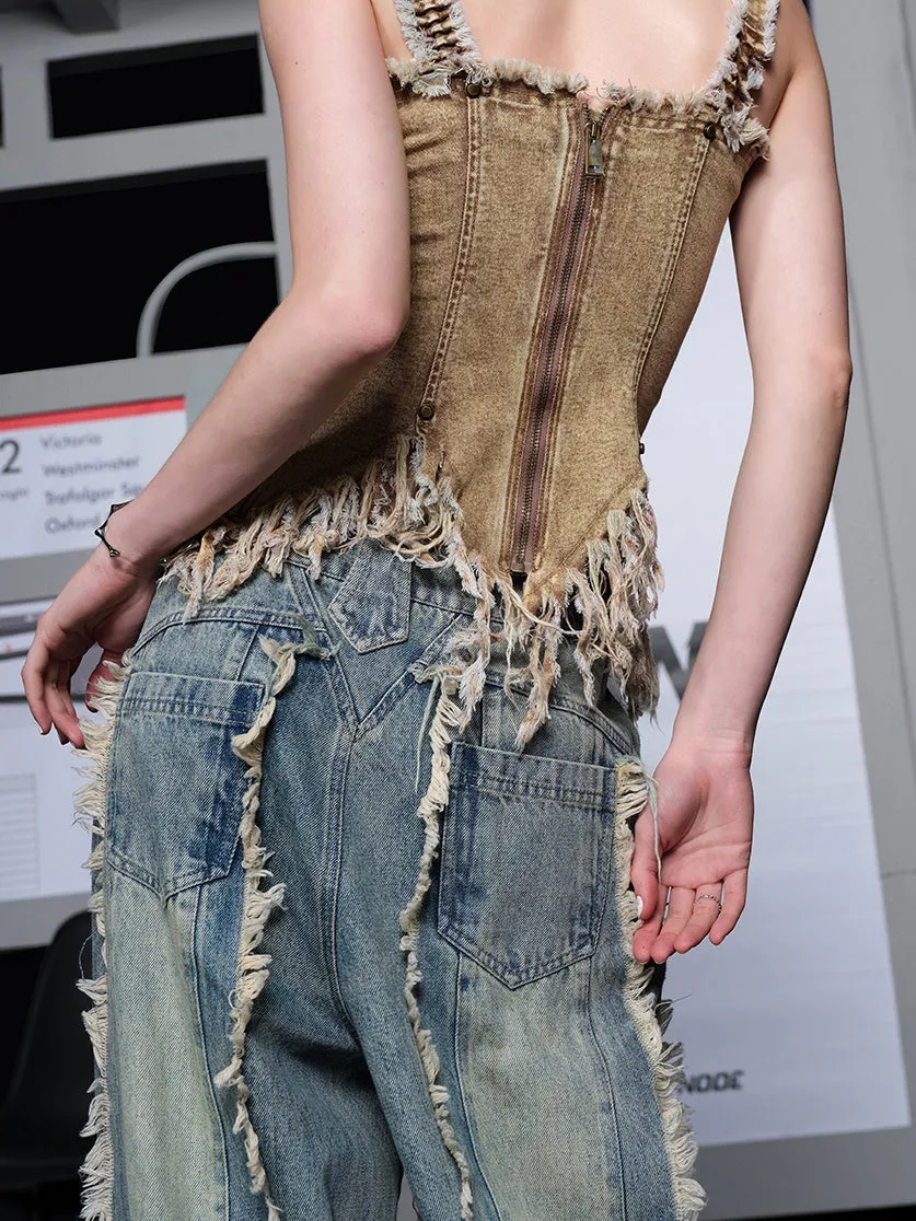 Switching Design Fringed Wide-leg Jeans