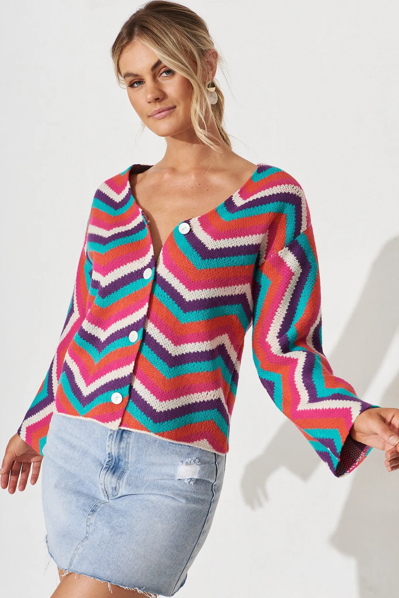 Syracuse Knit Cardigan In Dark Multi Geometric Cotton Blend