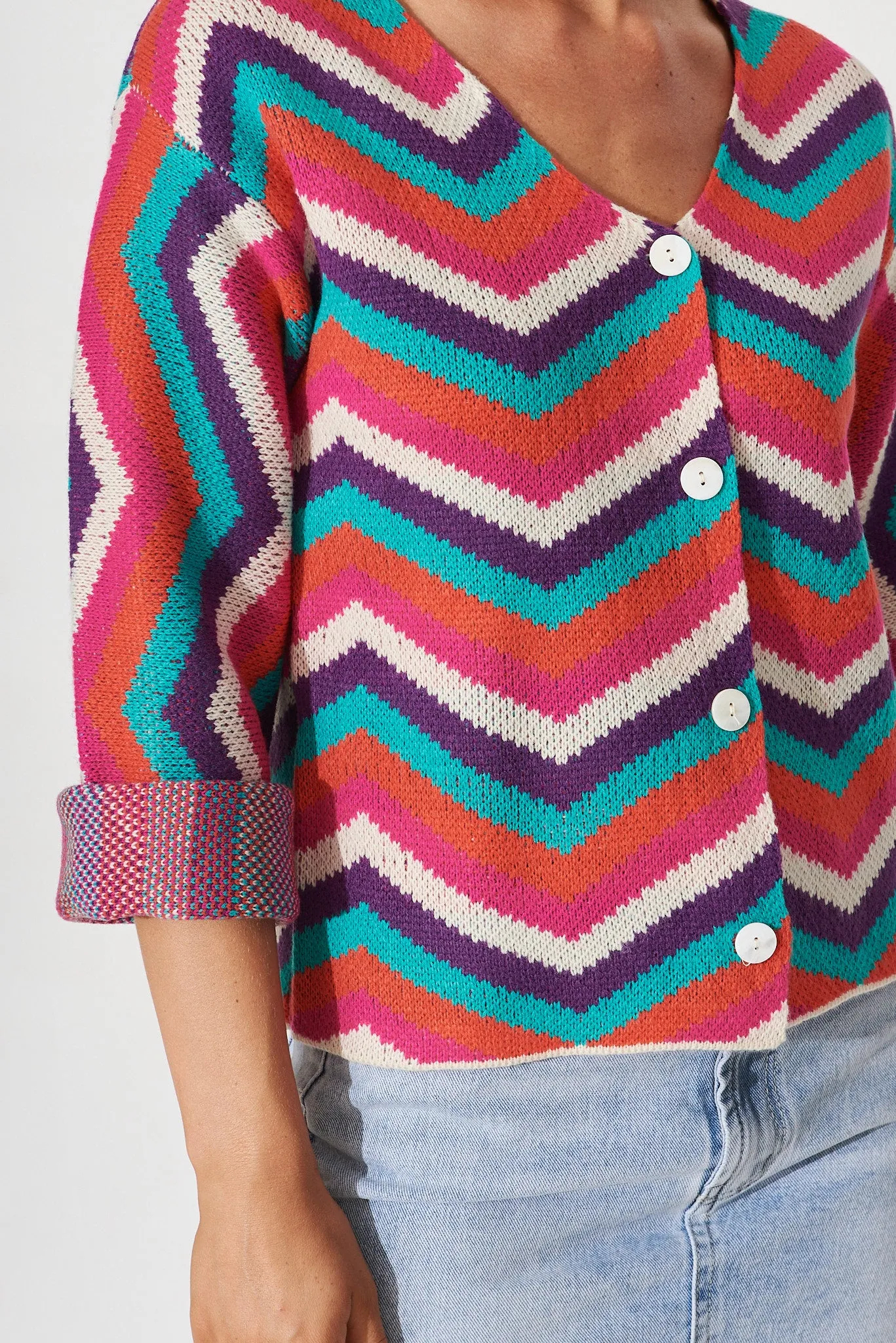 Syracuse Knit Cardigan In Dark Multi Geometric Cotton Blend