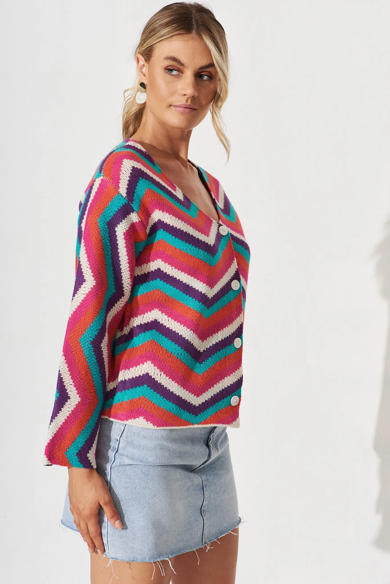 Syracuse Knit Cardigan In Dark Multi Geometric Cotton Blend