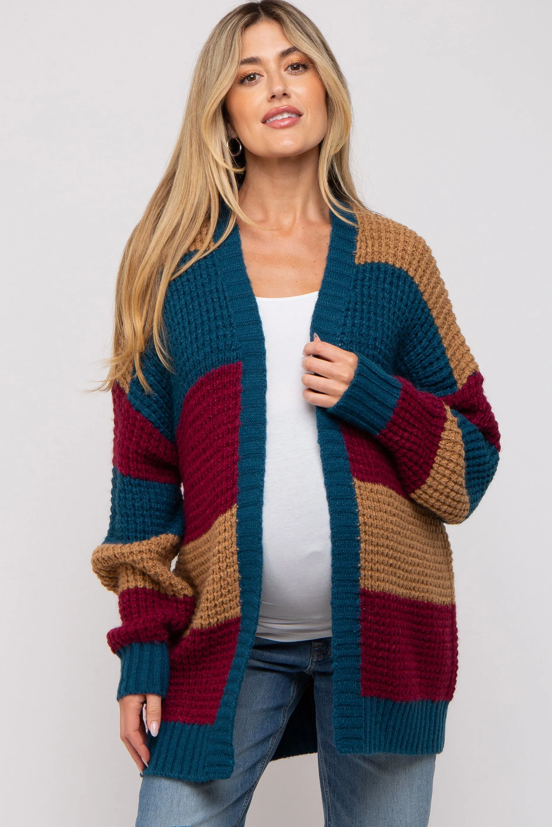 Teal Colorblock Chunky Maternity Cardigan