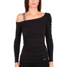 TOP IN JERSEY DI VISCOSA CON SPALLINA DI STRASS, NERO