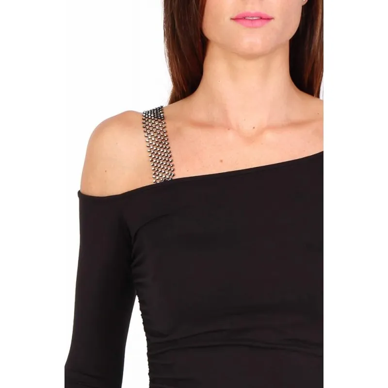 TOP IN JERSEY DI VISCOSA CON SPALLINA DI STRASS, NERO