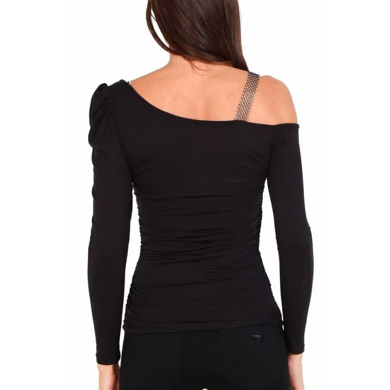 TOP IN JERSEY DI VISCOSA CON SPALLINA DI STRASS, NERO