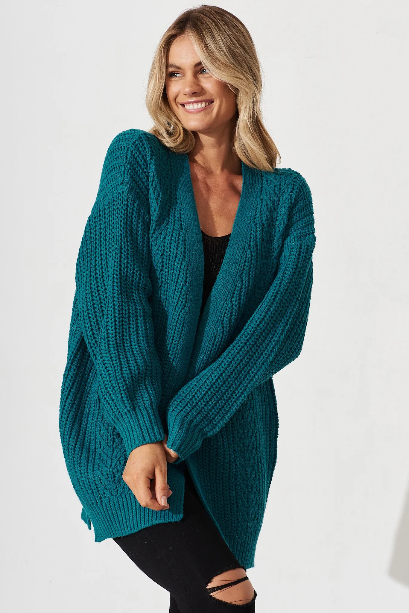 Turin Knit Cardigan In Teal Cotton Blend