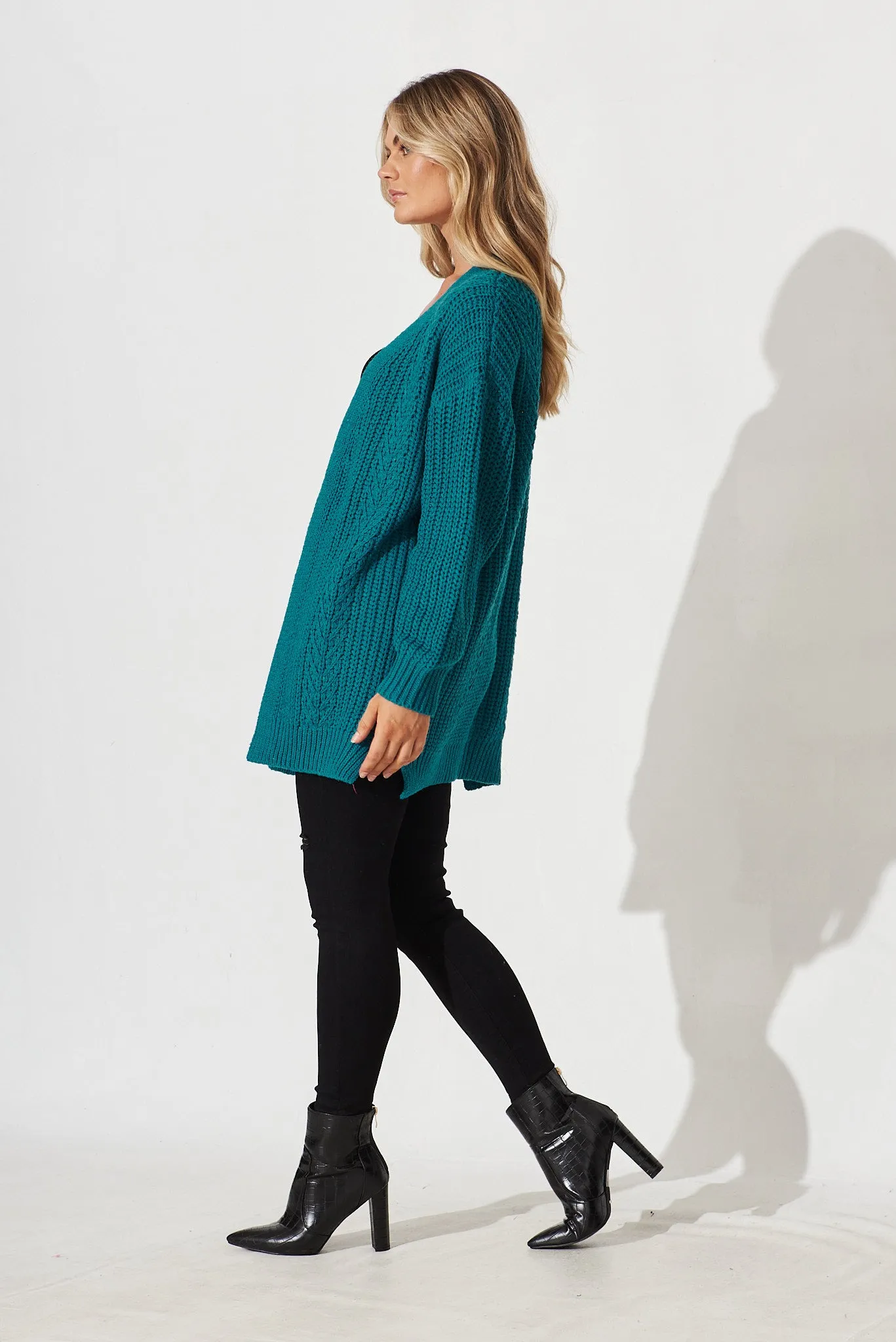 Turin Knit Cardigan In Teal Cotton Blend