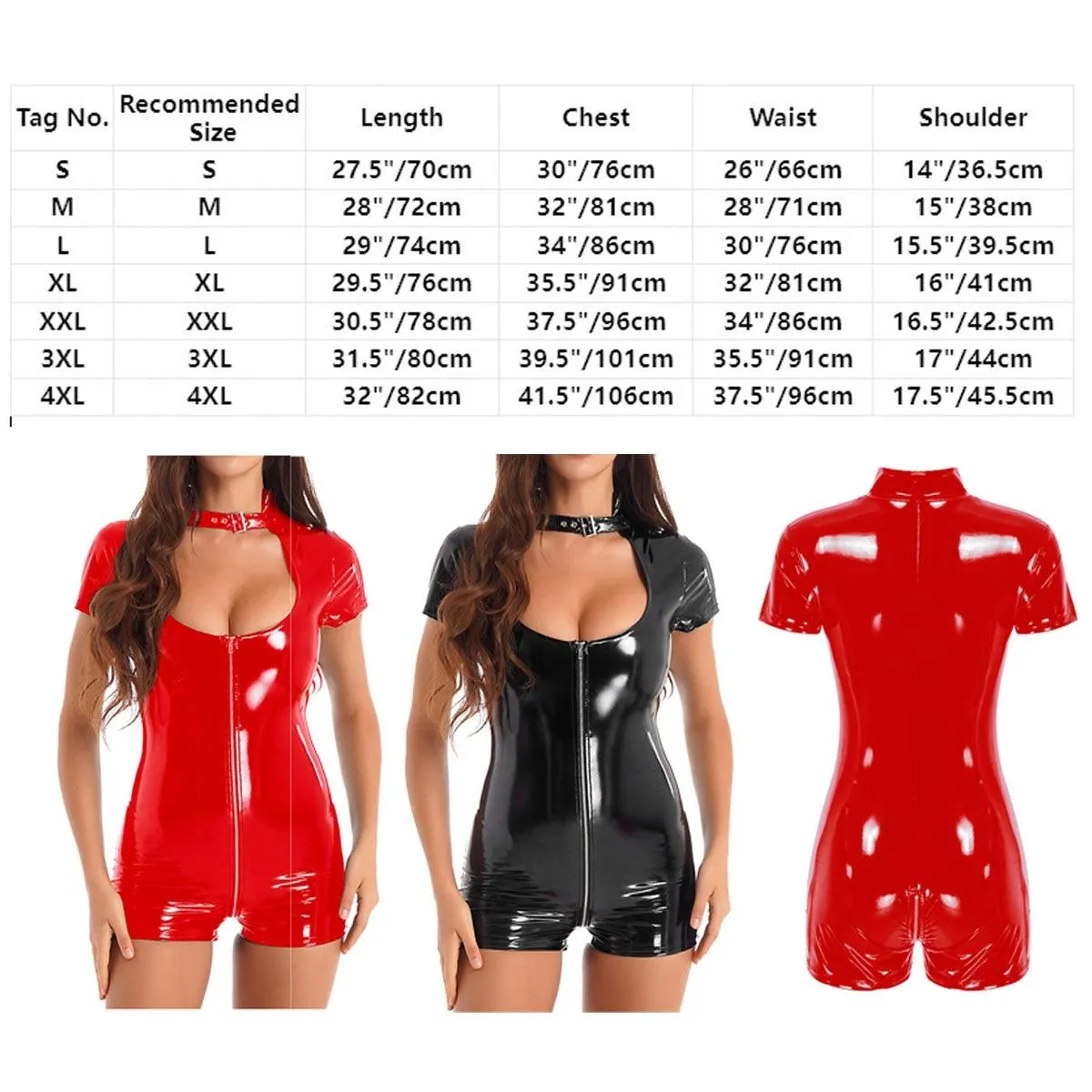 Unleash Your Dark Side with Our Sexy Wetlook Patent Leather High Collar Sleeveless Double Zipper Bodysuit