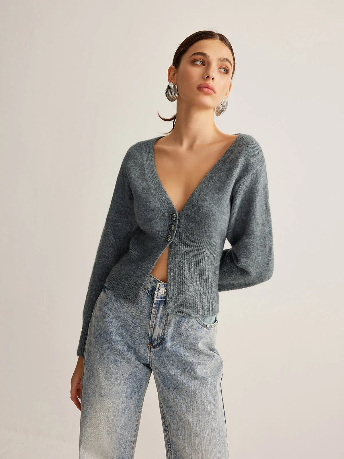 V-Neck Ribbed Split Slim Cardigan