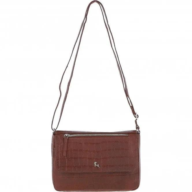 Valentina Flap Over Croc Print Real Leather Shoulder Bag Cognac/croc: MC5