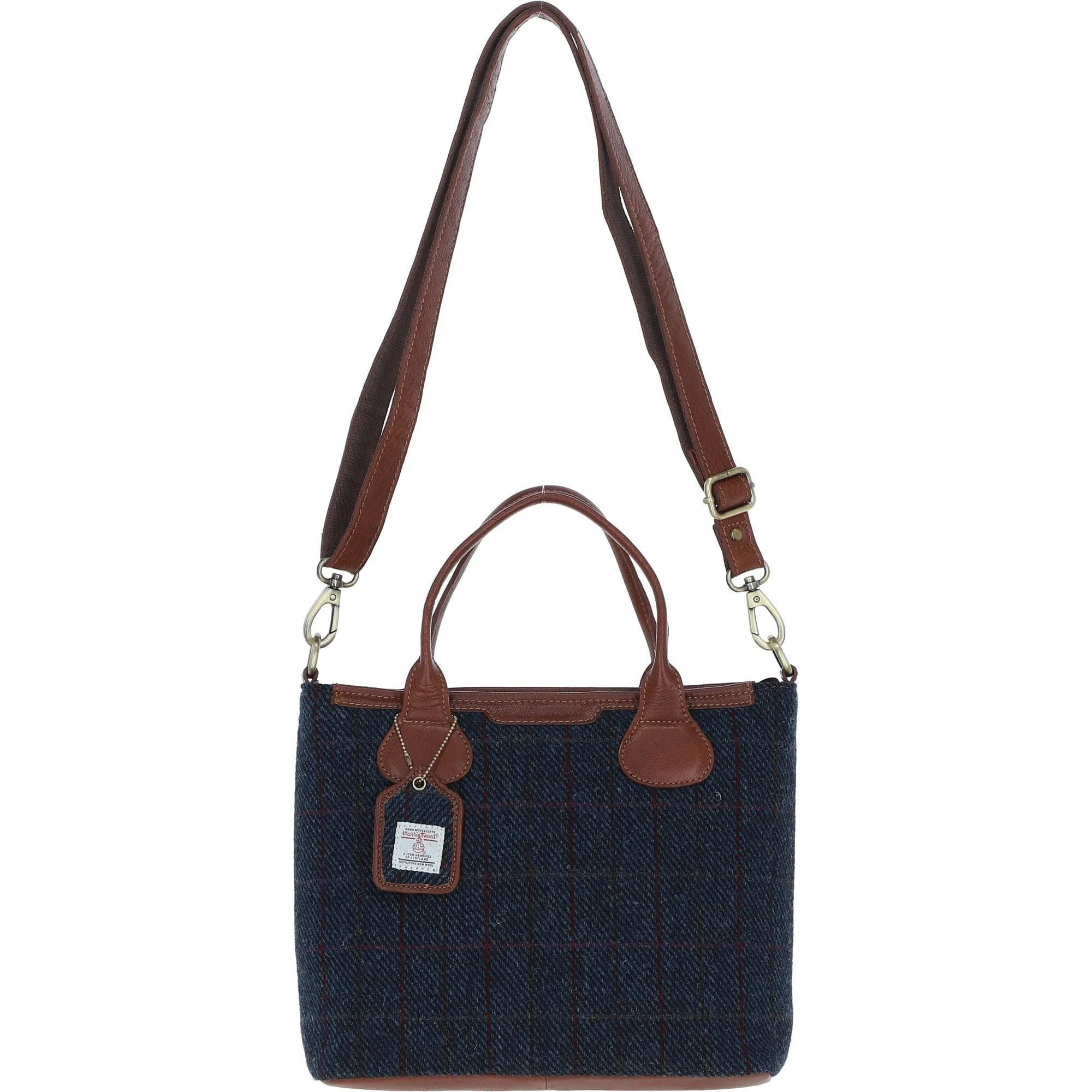 Versatile Ashwood Leather & Harris Tweed Shoulder Bag Tan/Navy: TW-22-011-TN