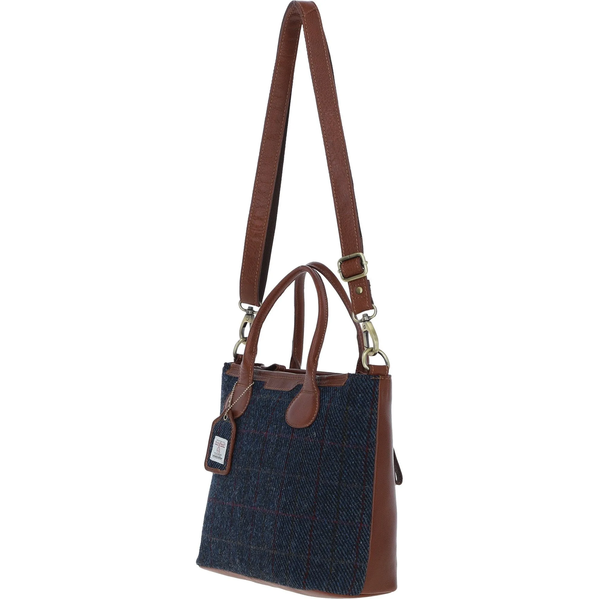 Versatile Ashwood Leather & Harris Tweed Shoulder Bag Tan/Navy: TW-22-011-TN