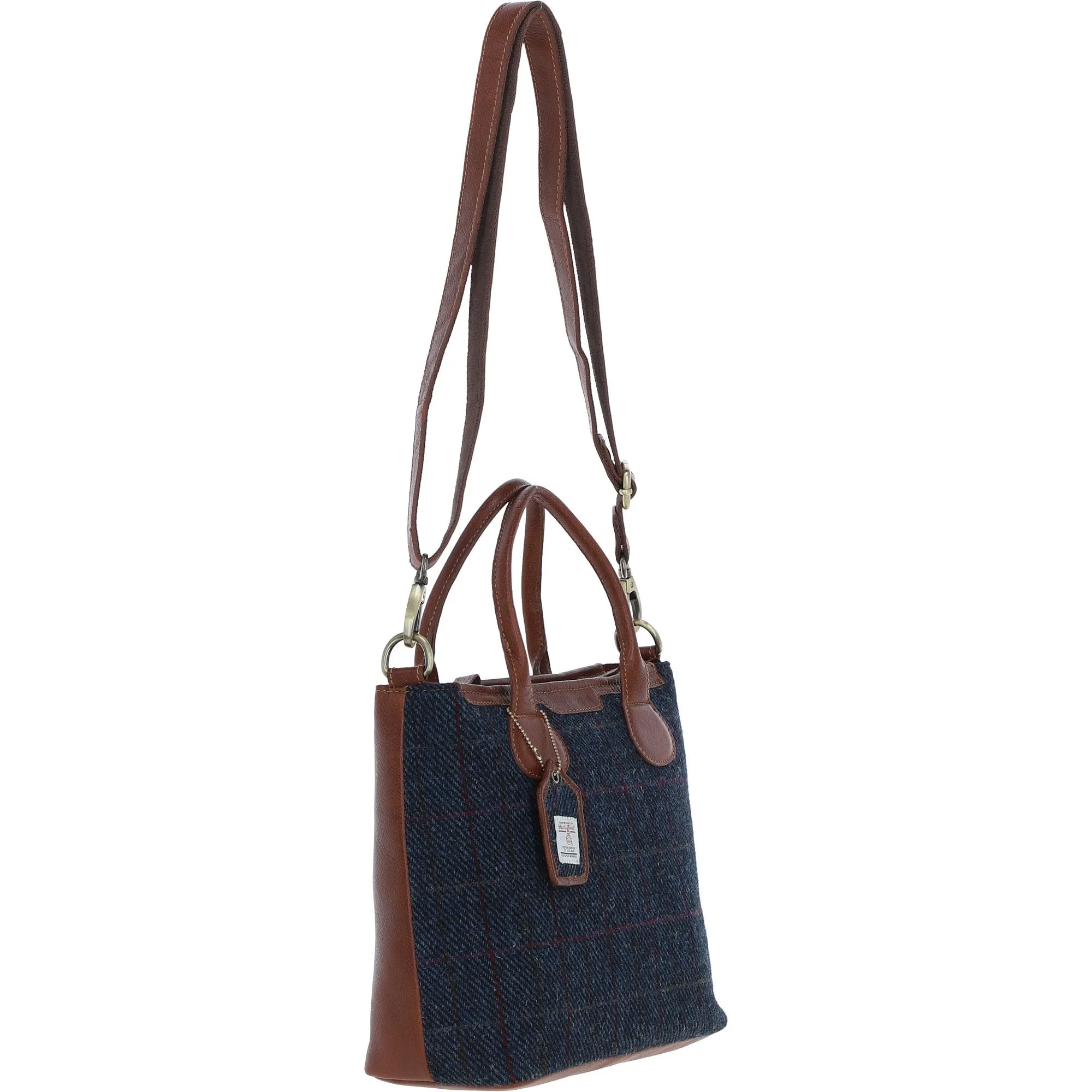 Versatile Ashwood Leather & Harris Tweed Shoulder Bag Tan/Navy: TW-22-011-TN