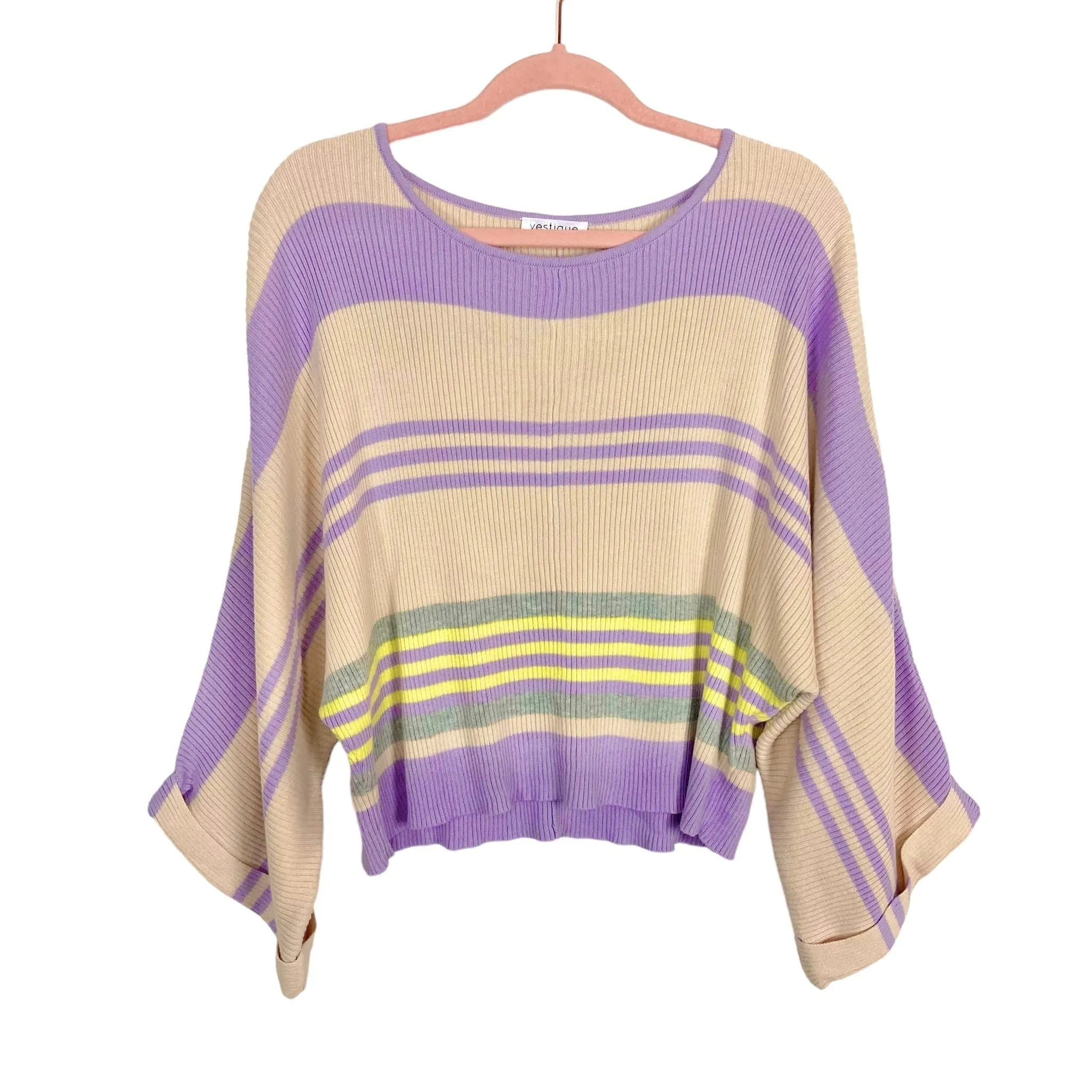 VESTIQUE LAVENDER/BEIGE/GRAY/YELLOW STRIPED COLOR MY WORLD CUFF SLEEVE SWEATER NWT- SIZE M ( ONLINE)