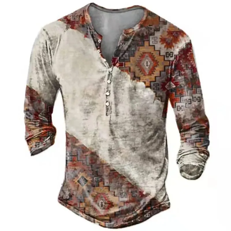 Vintage Men's T-Shirts With Button Ethnic Pattern Print Spring Autumn Loose O-Neck Long Sleeve Oversized T Shirts Male Clothing 