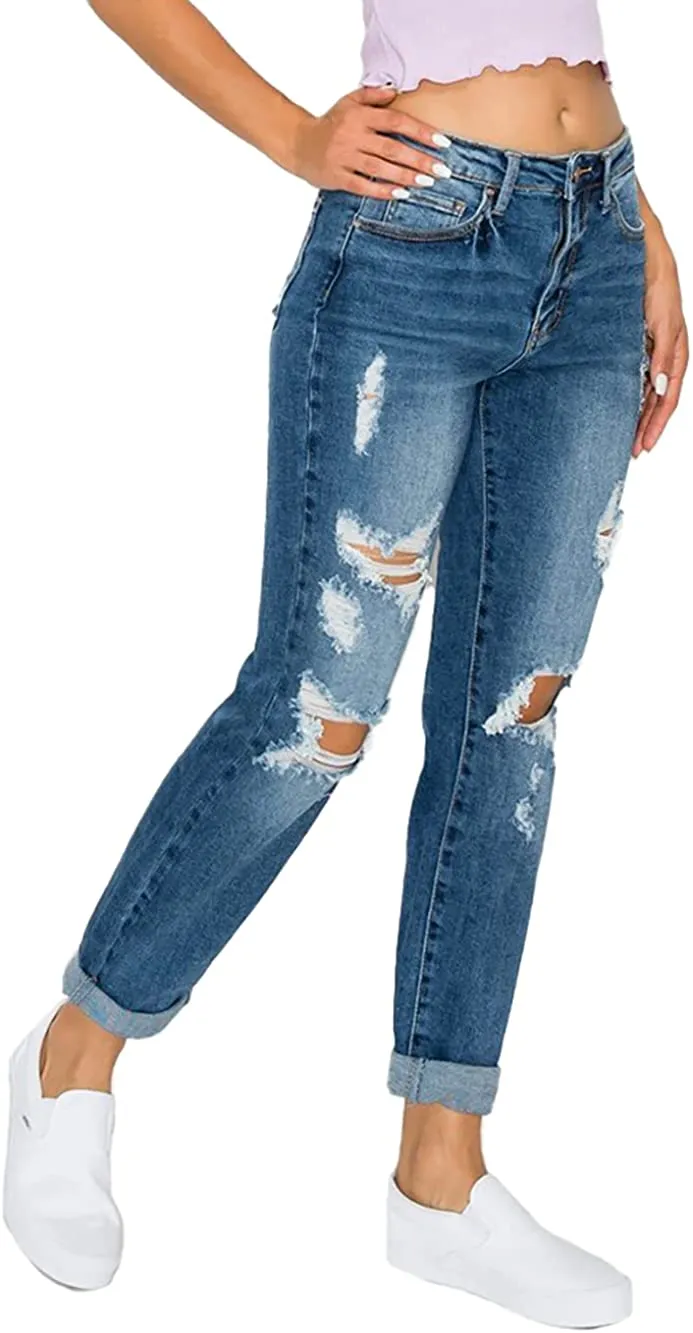 Wax Jean Women's Boyfriend Jeans with Destructed Blown Knee and Rolled Cuff