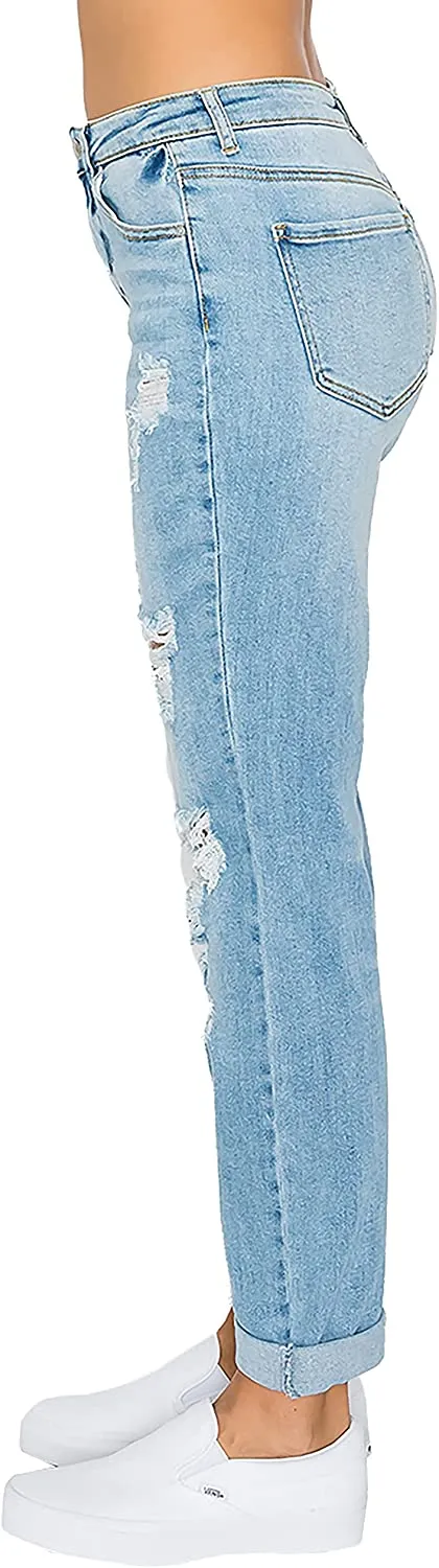 Wax Jean Women's Boyfriend Jeans with Destructed Blown Knee and Rolled Cuff