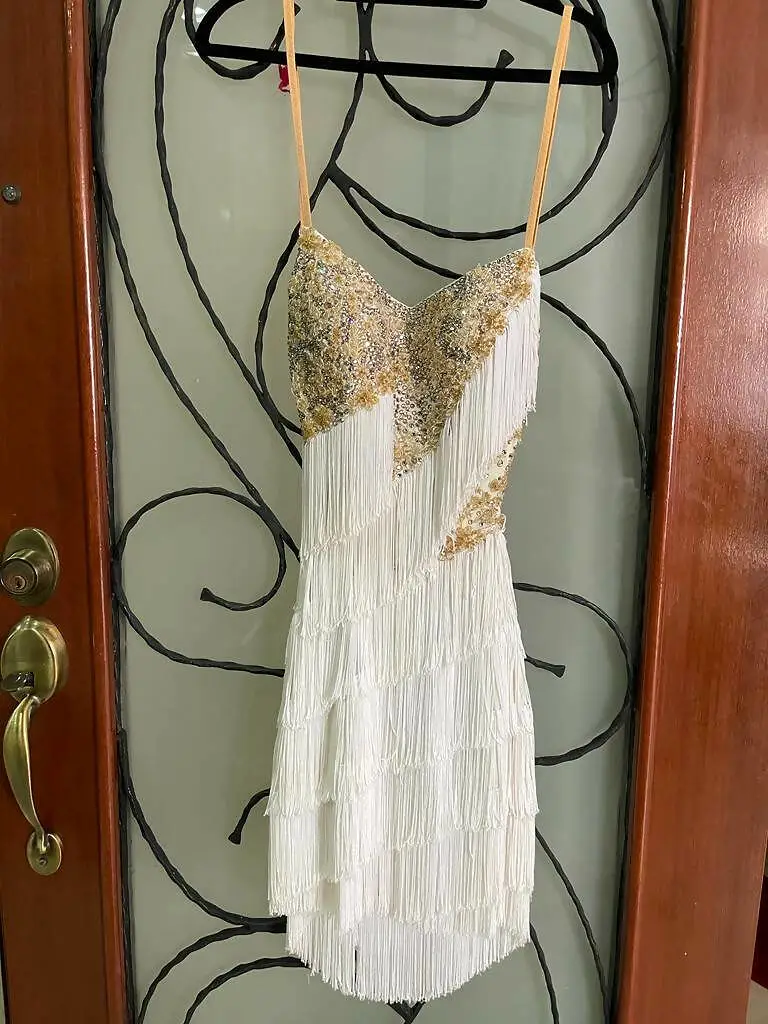 White & Gold Fringe Competition Dress