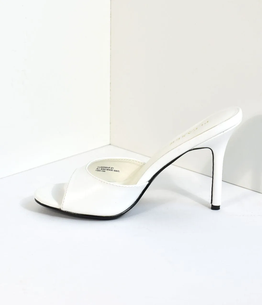 White Matte Leatherette Peep Toe Slip On Heels