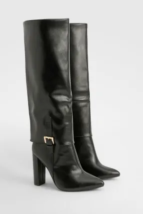 Wide Fit Fold Over Buckle Detail Pointed Knee High Boots