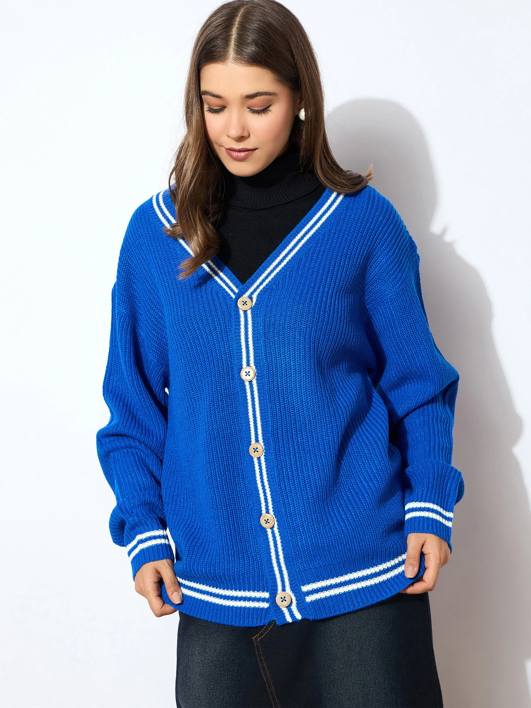 Women Blue Front Button Oversized Cardigan