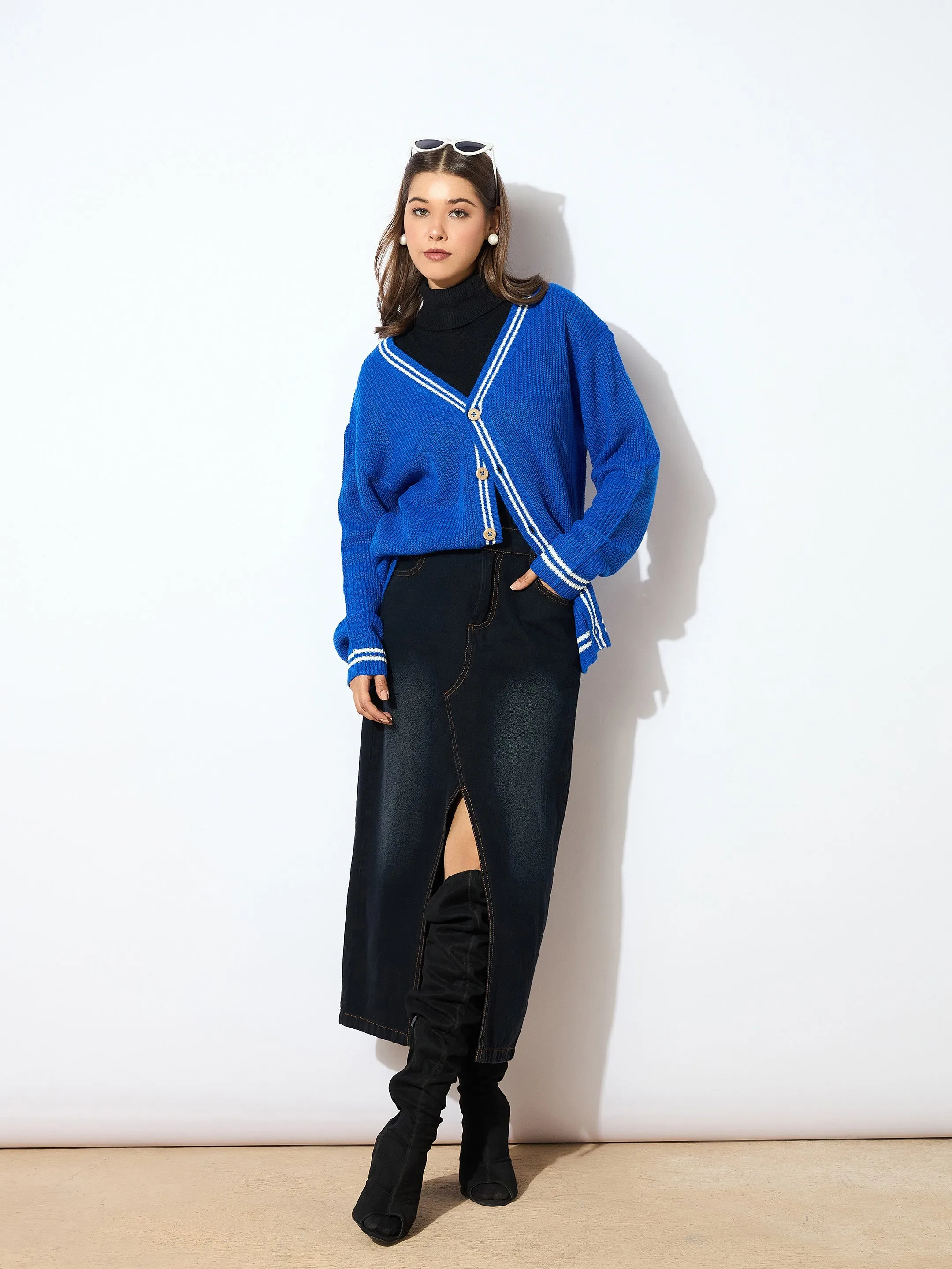 Women Blue Front Button Oversized Cardigan