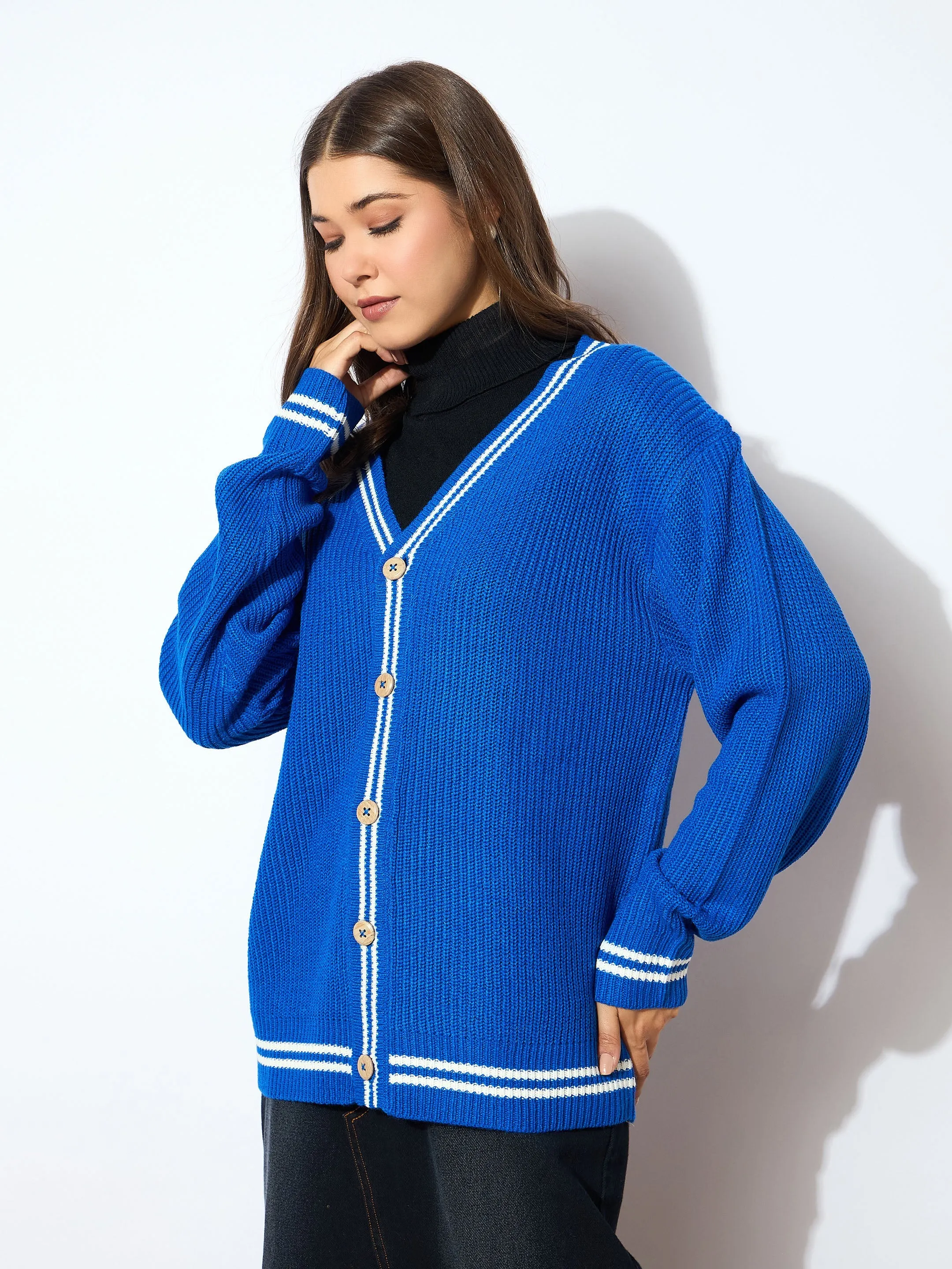 Women Blue Front Button Oversized Cardigan