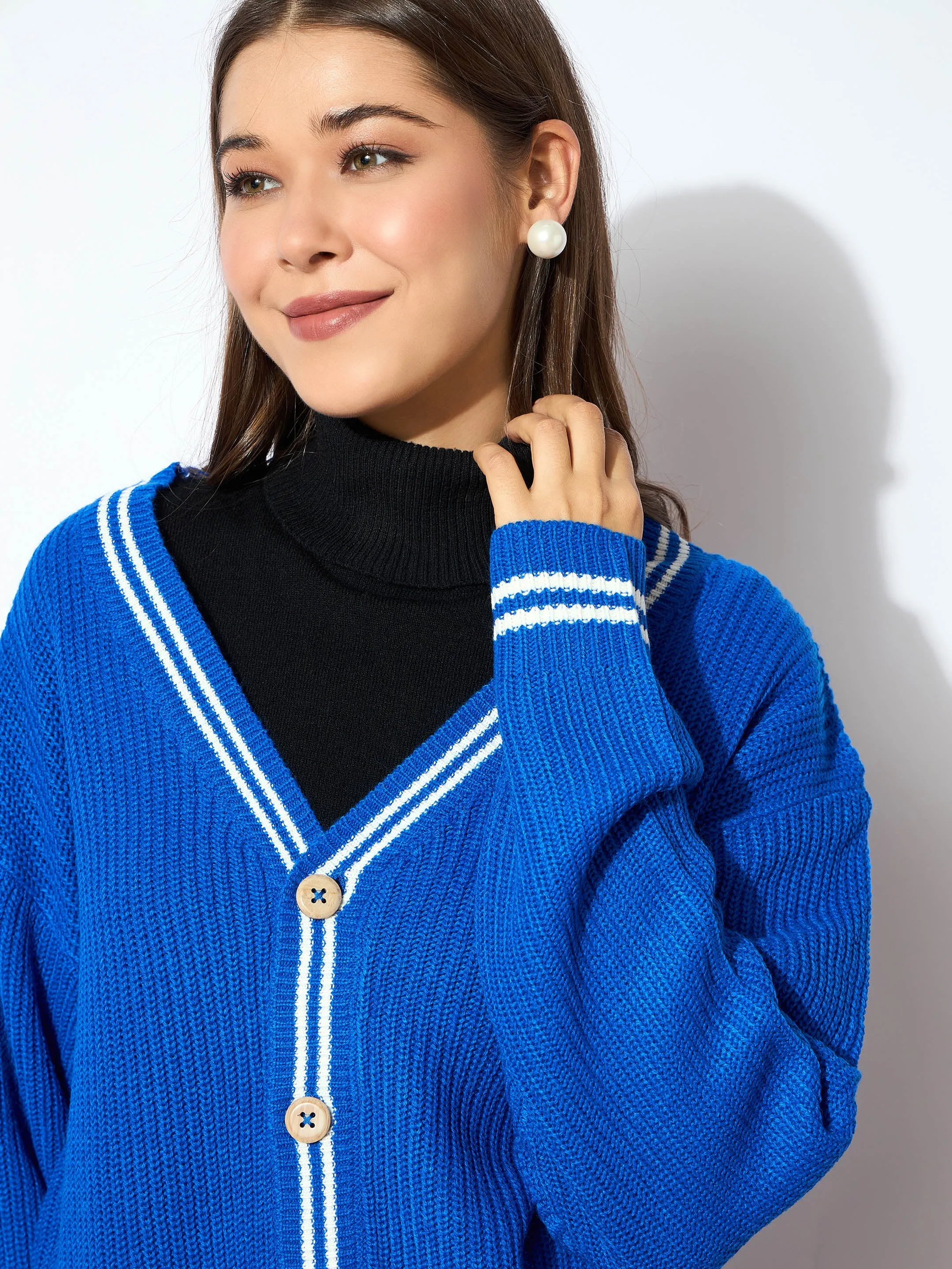 Women Blue Front Button Oversized Cardigan