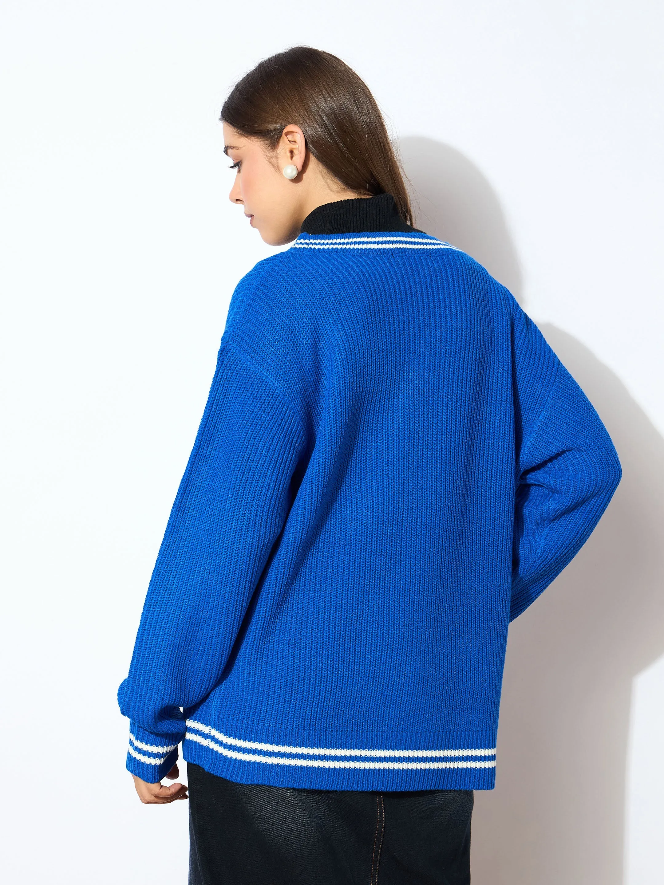 Women Blue Front Button Oversized Cardigan