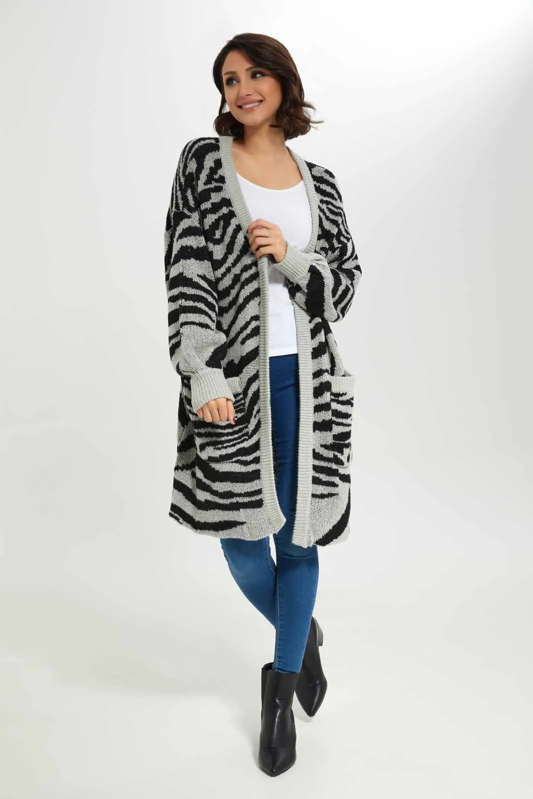 Women Grey And Black Maxi Knitted Cardigan