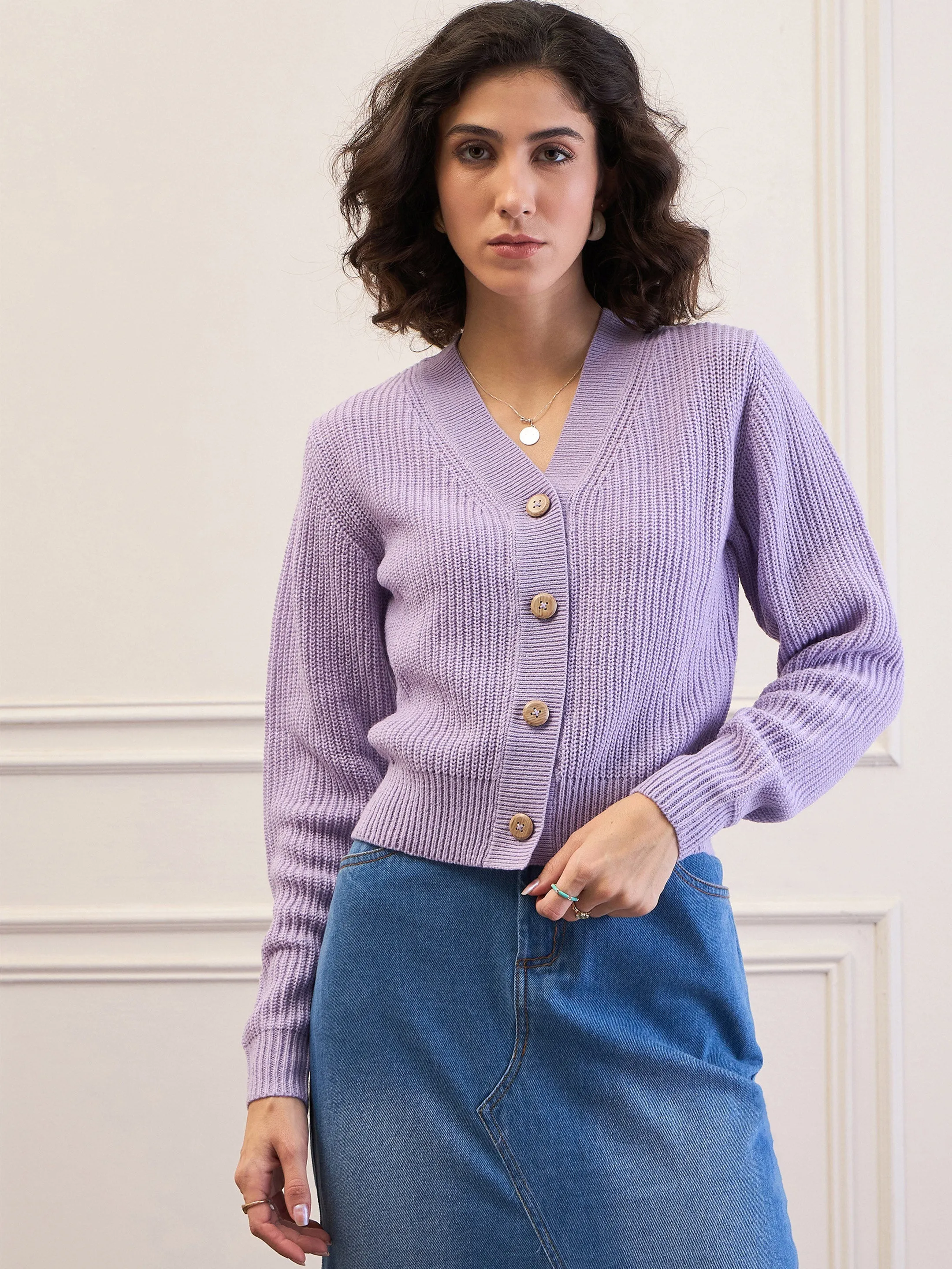 Women Lavender Front Button Cardigan