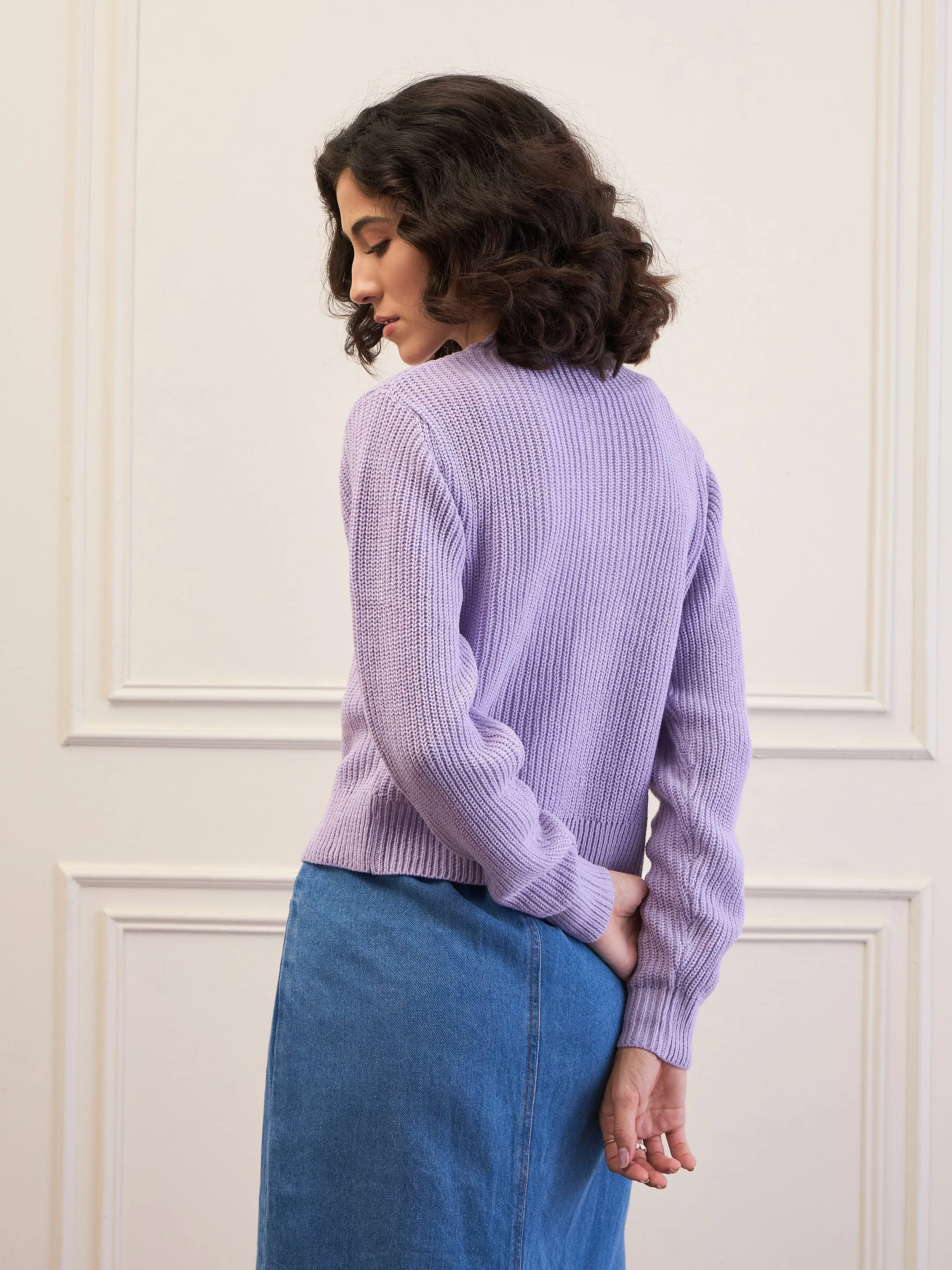 Women Lavender Front Button Cardigan