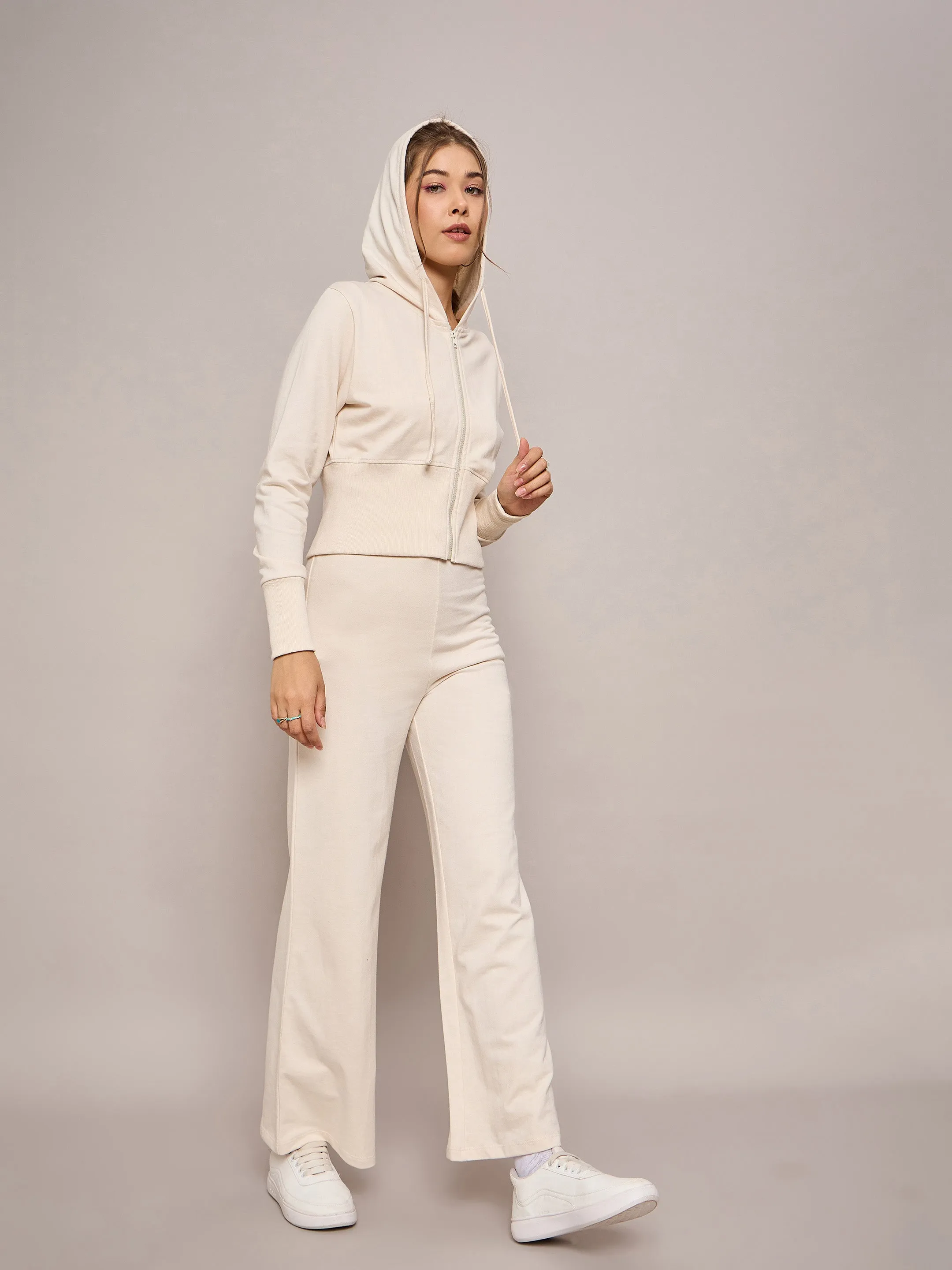 Women Off-White Terry Front Zipper Crop Jacket With Terry Pants