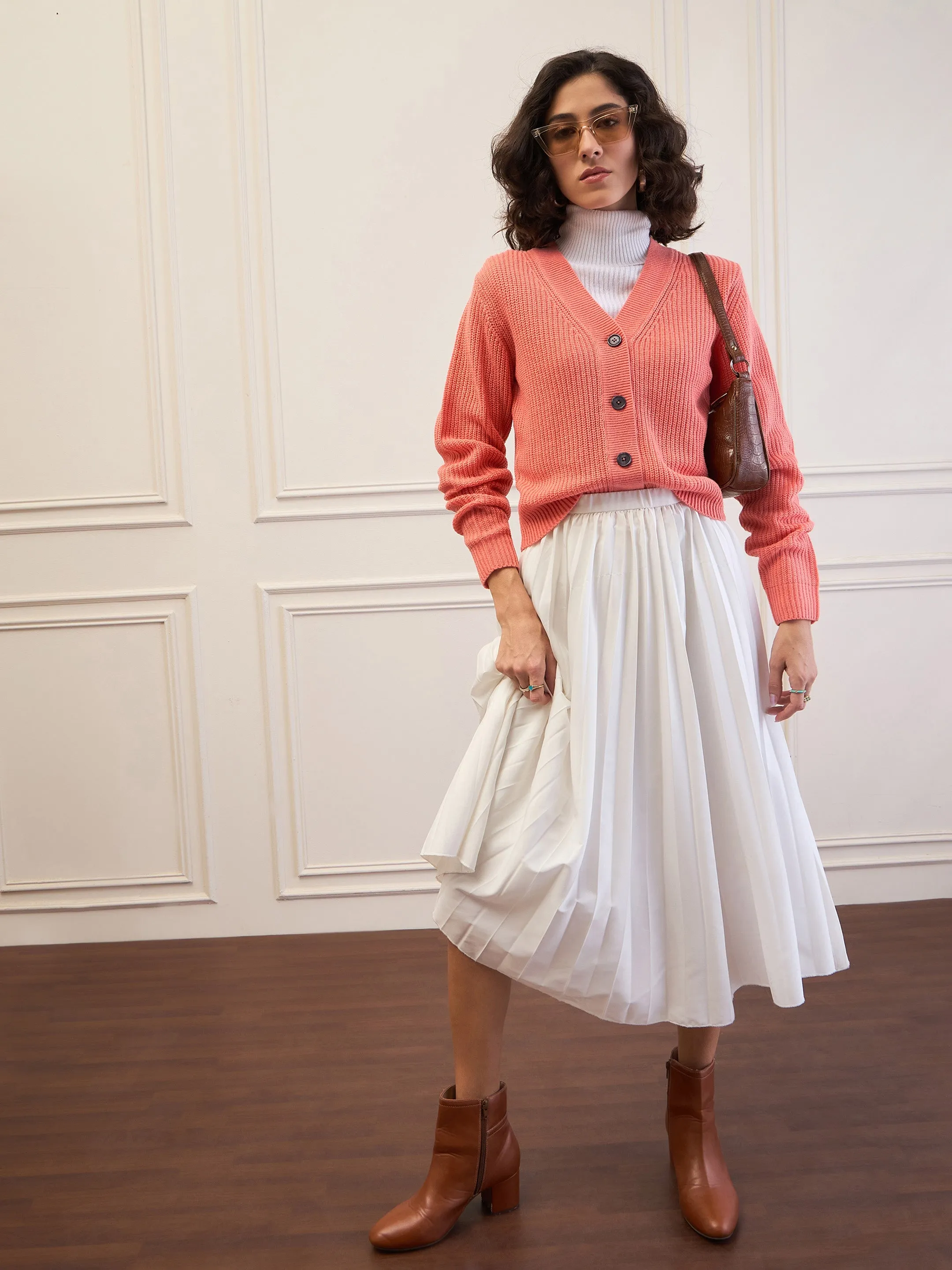 Women Peach Front Button Cardigan