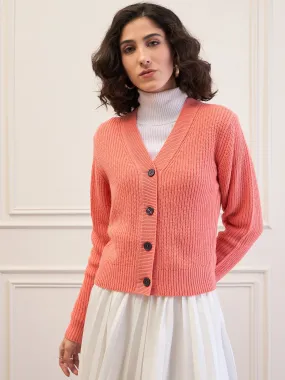 Women Peach Front Button Cardigan