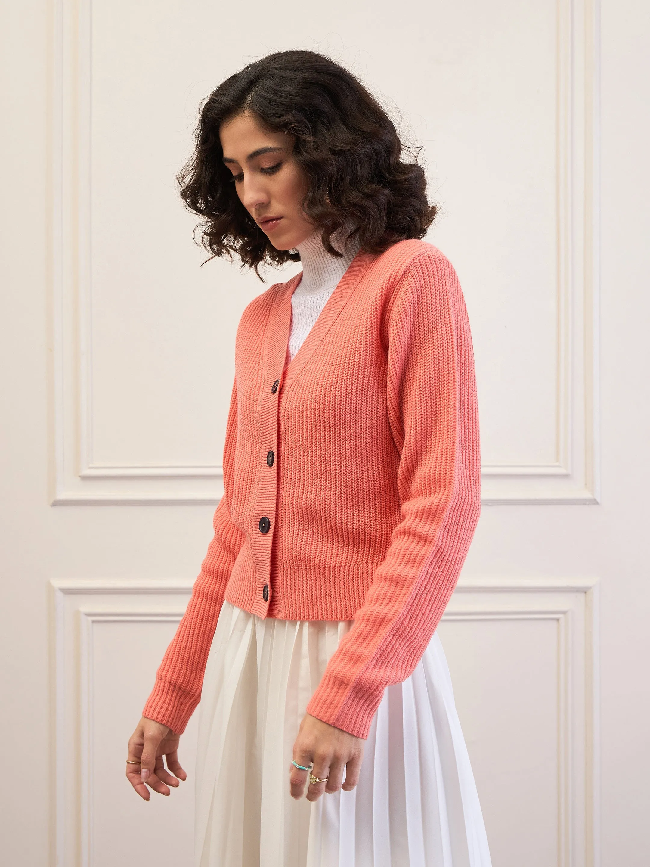 Women Peach Front Button Cardigan