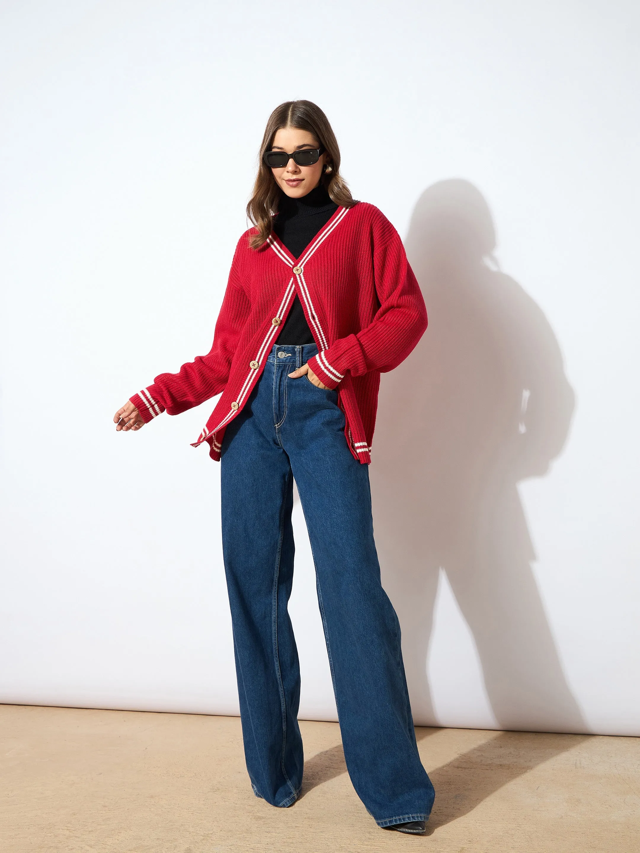 Women Red Front Button Oversized Cardigan