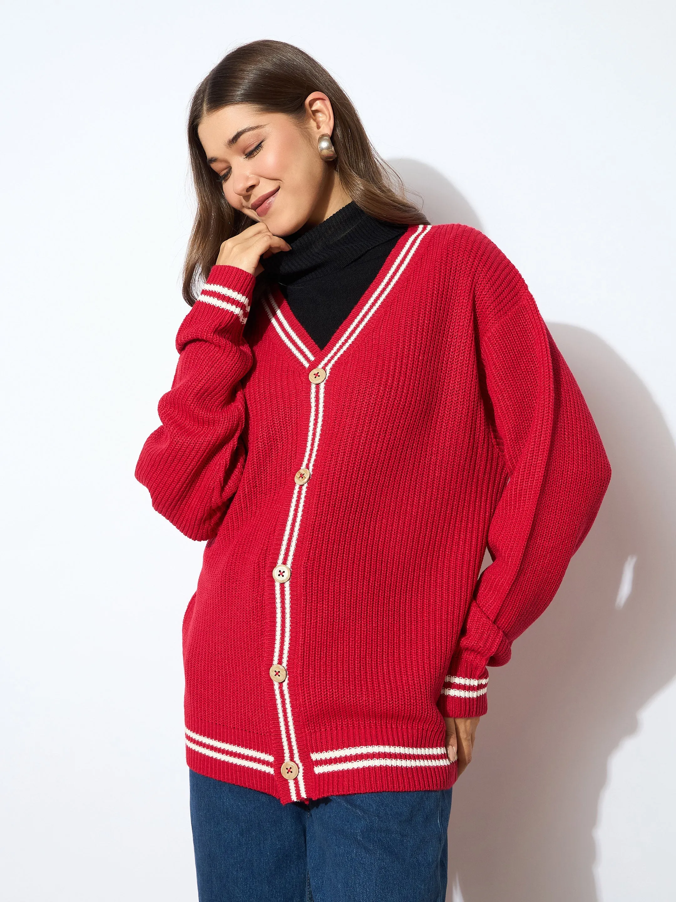 Women Red Front Button Oversized Cardigan