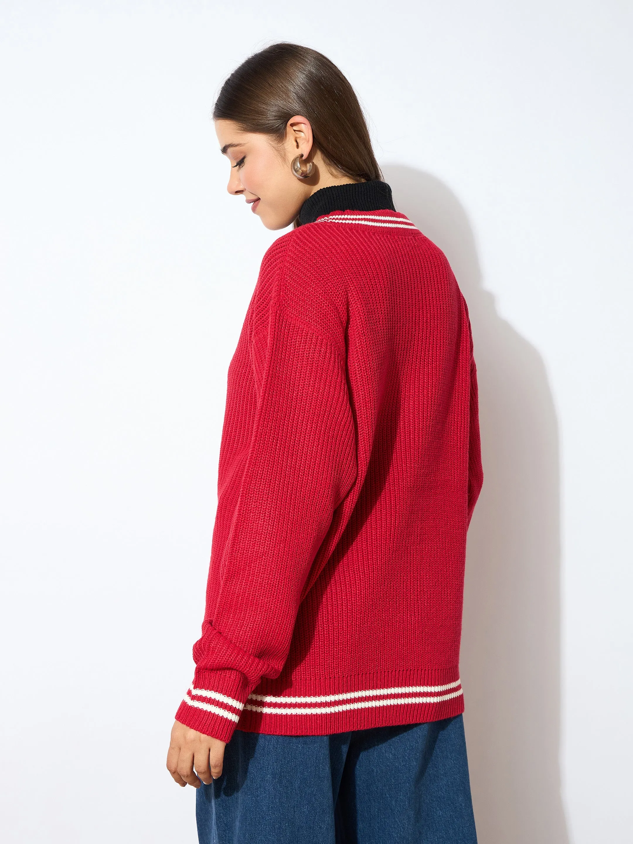 Women Red Front Button Oversized Cardigan