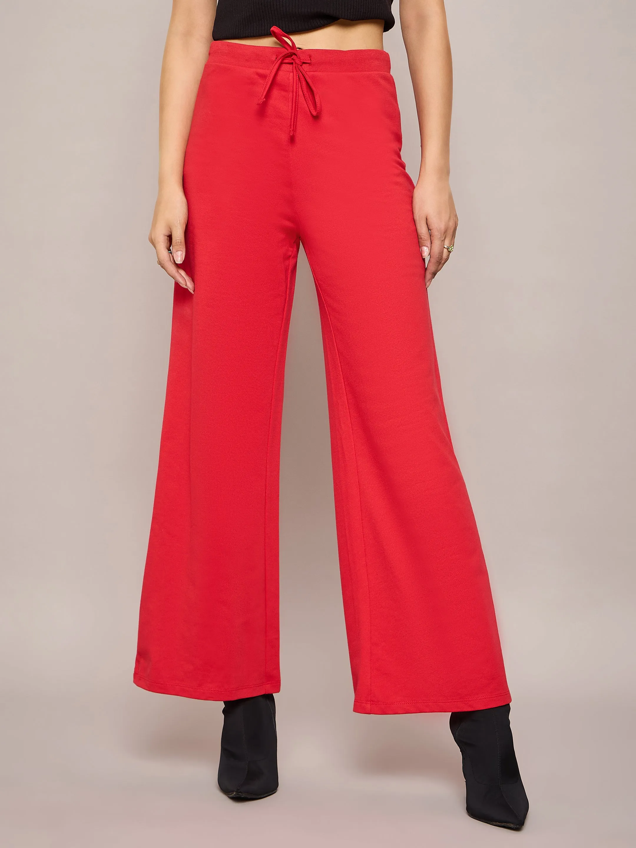 Women Red Terry Front Zipper Crop Jacket With Terry Pants