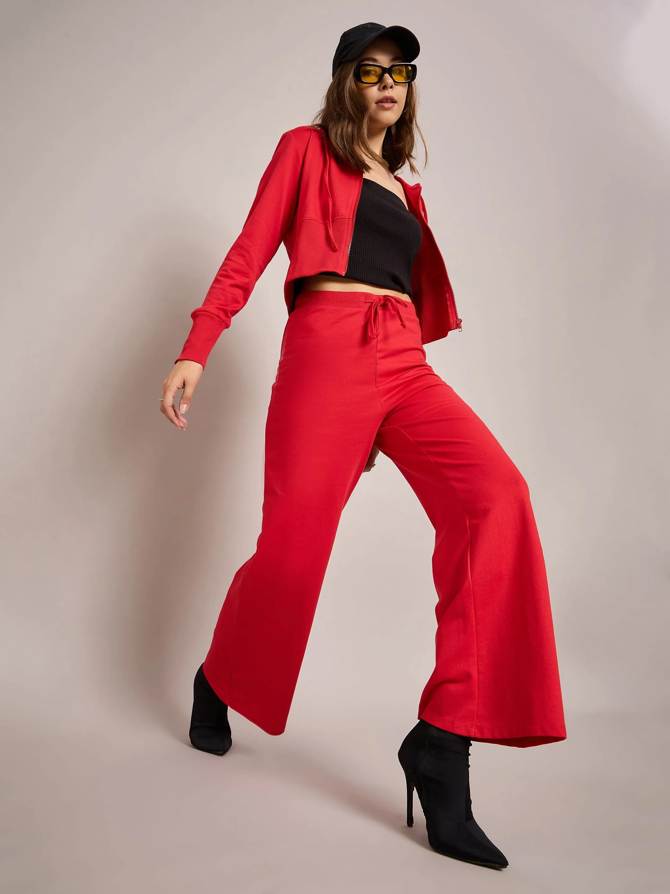 Women Red Terry Front Zipper Crop Jacket With Terry Pants