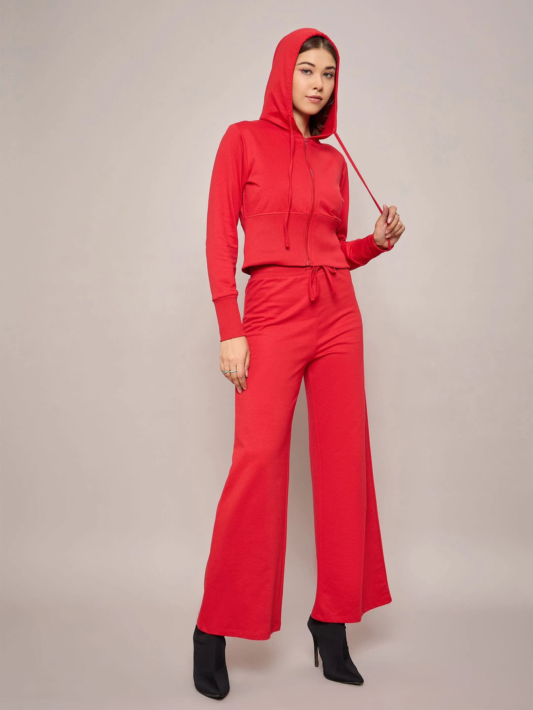 Women Red Terry Front Zipper Crop Jacket With Terry Pants