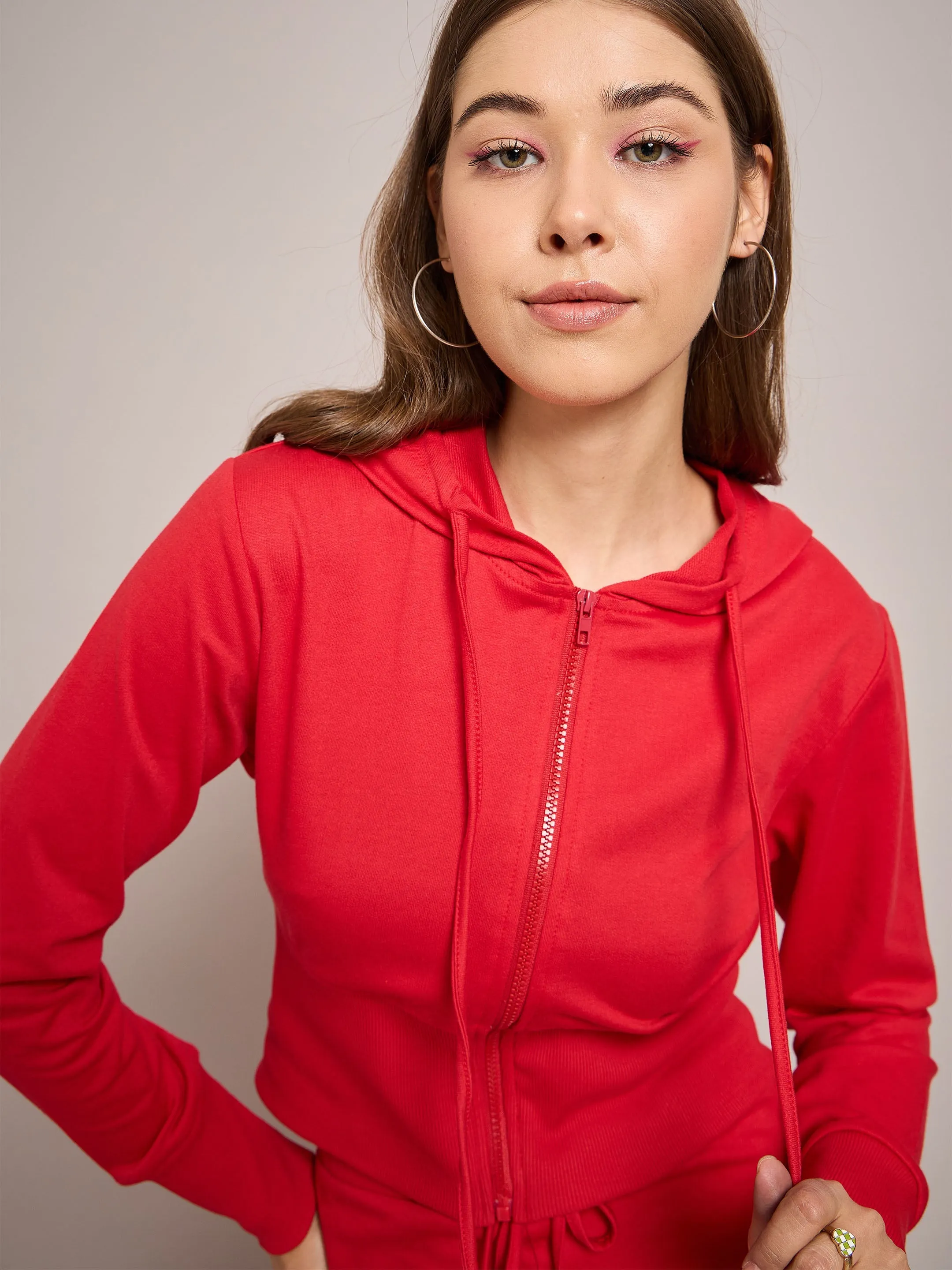 Women Red Terry Front Zipper Crop Jacket With Terry Pants