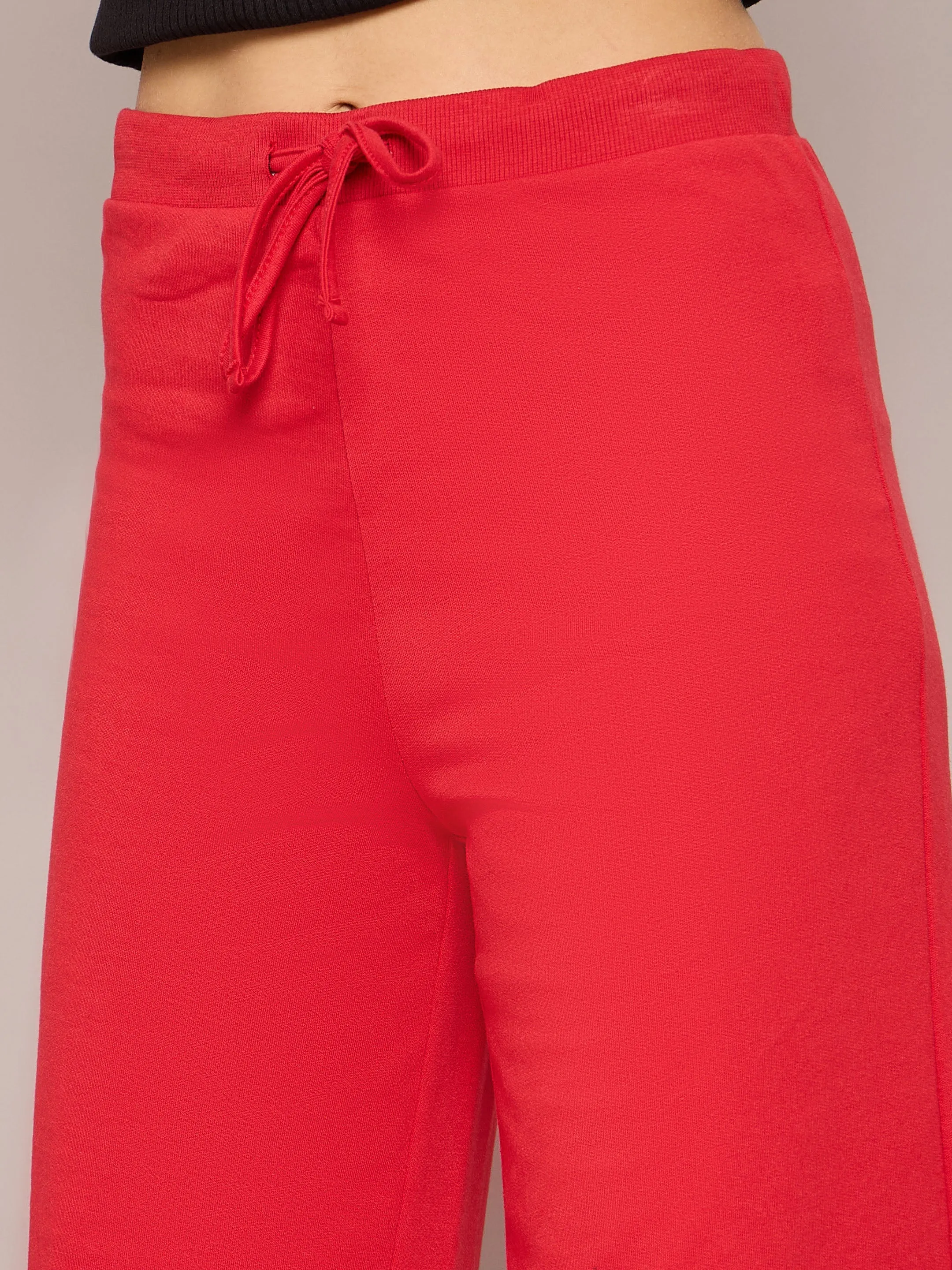 Women Red Terry Front Zipper Crop Jacket With Terry Pants