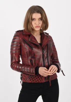 Women's Burnt Red Lambskin Leather Biker Jacket