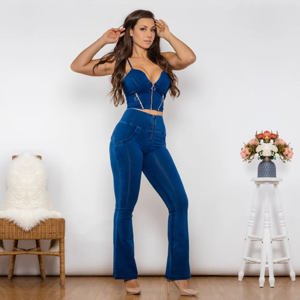 Women's Dark Blue Zipper Push-Up Top High Waist Flare Jeans 2pc Shaper Set