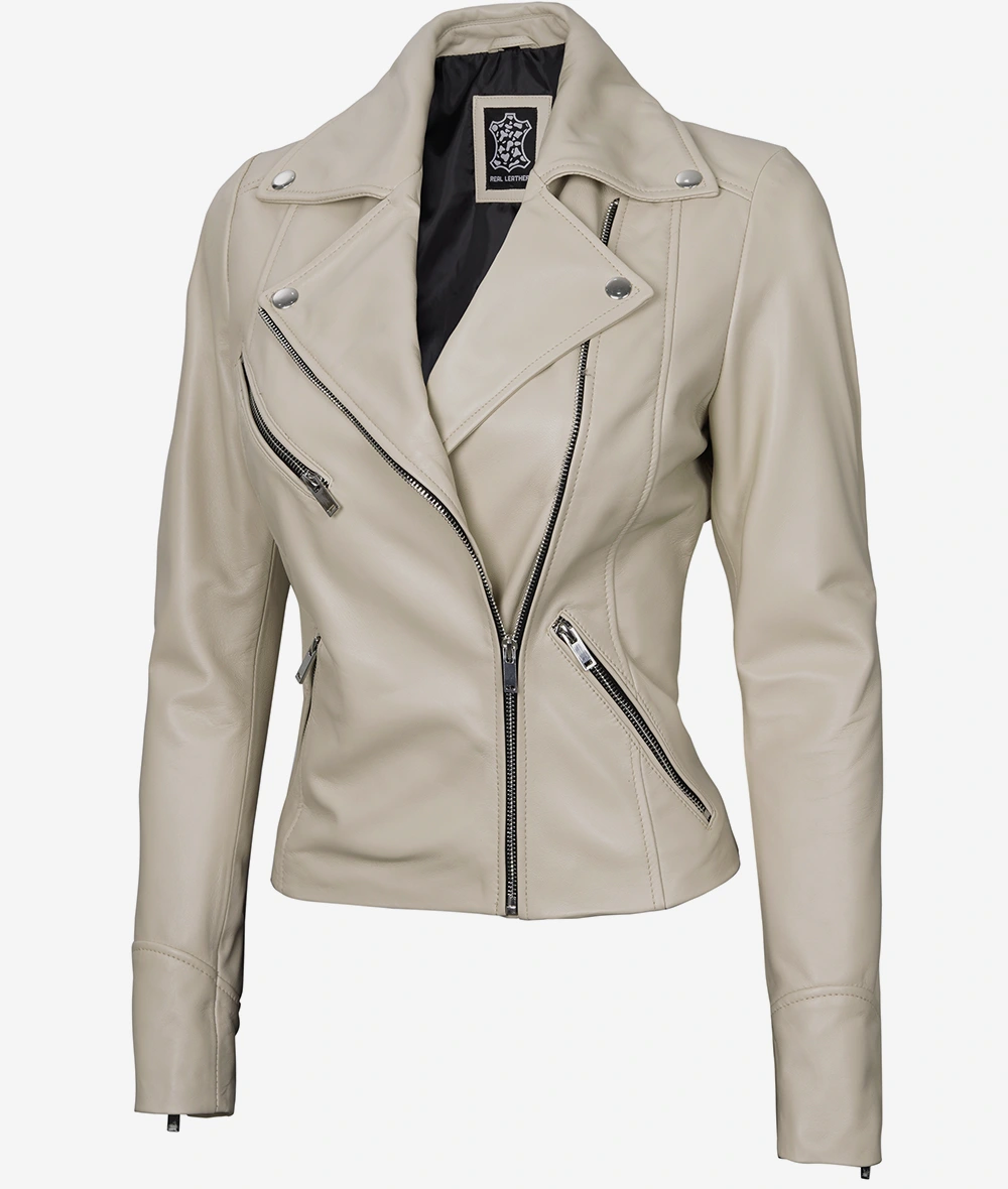 Womens Real Lambskin Leather Beige Moto Jacket