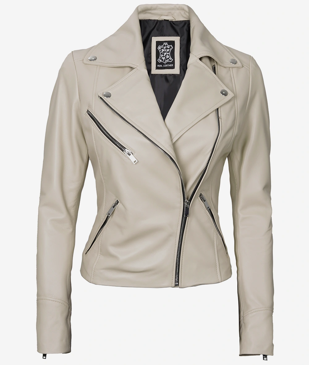 Womens Real Lambskin Leather Beige Moto Jacket