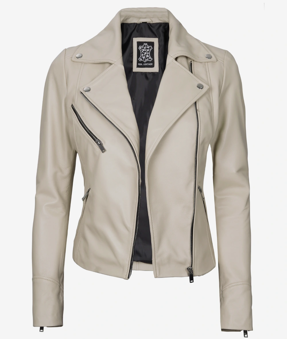 Womens Real Lambskin Leather Beige Moto Jacket