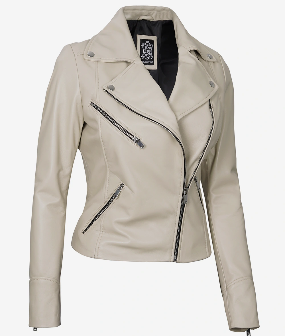 Womens Real Lambskin Leather Beige Moto Jacket