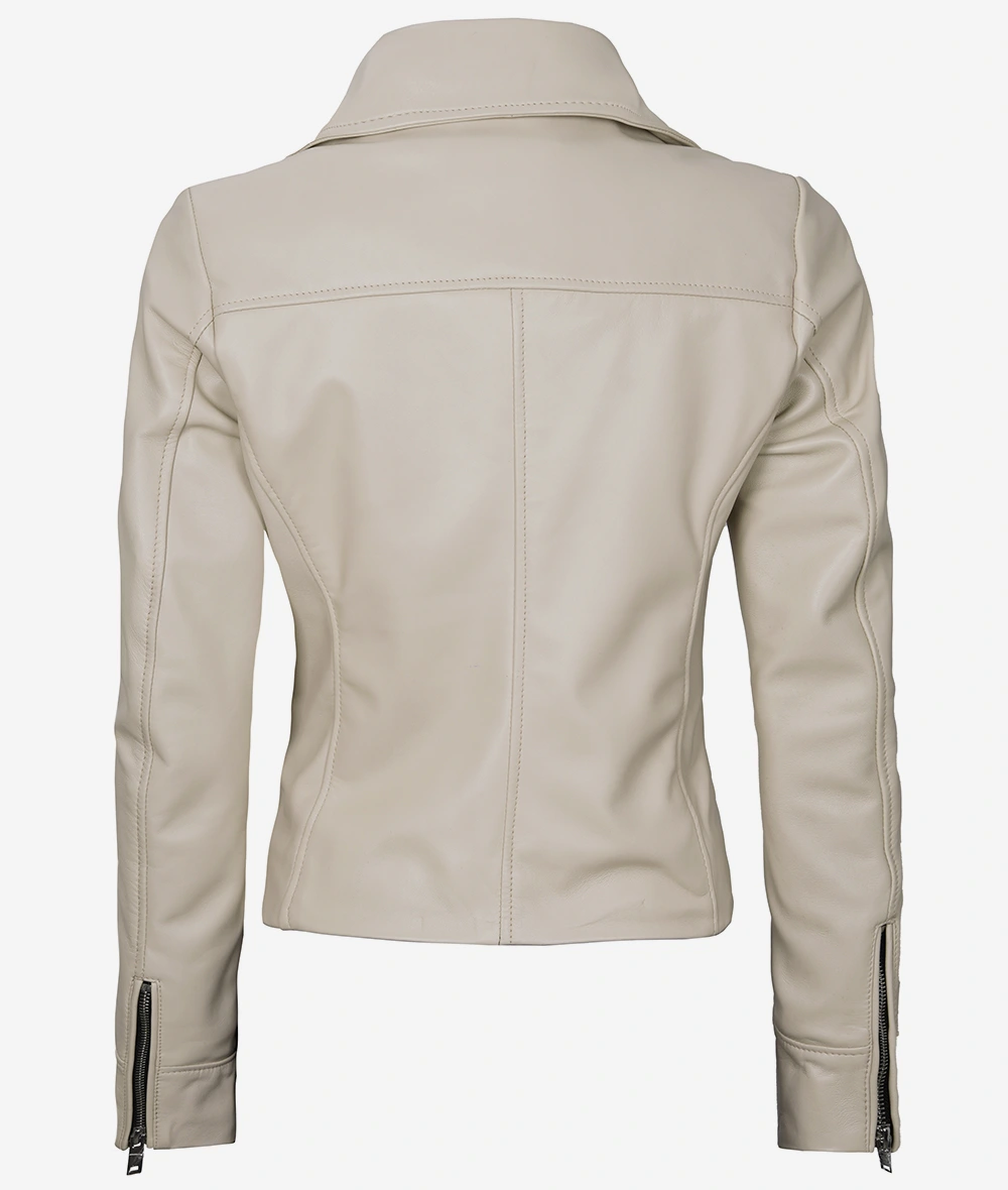 Womens Real Lambskin Leather Beige Moto Jacket